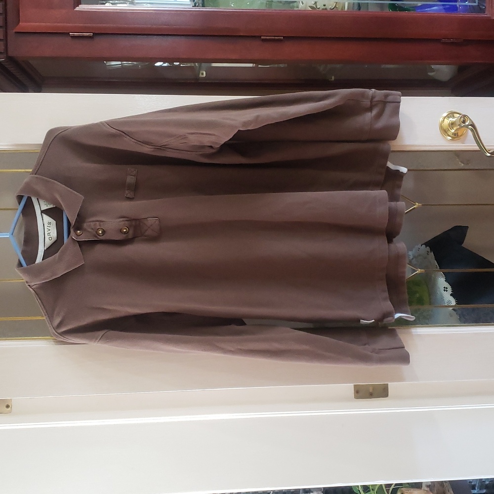 ORVIS Men's Quarter Button Pullover Shirt Size Large Brown Color.